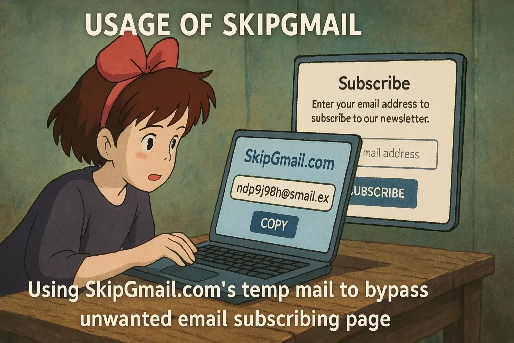 a cartoon of a girl using skipgmail