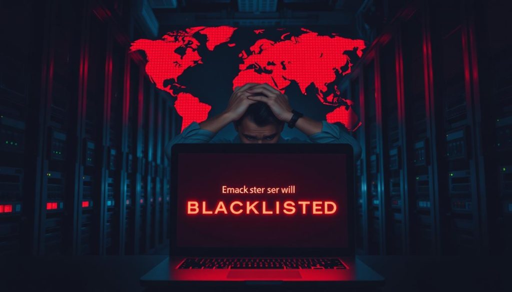 A dark and gloomy server room, with racks of computers and networking equipment shrouded in shadows. In the foreground, a laptop screen displays a warning message about an email server being blacklisted, its red text casting an ominous glow. The middle ground shows a network administrator, hands on their head, stressed expression conveying the impact of the blacklisting. In the background, a map of the world pulses with red dots, signifying the global reach of the issue. The lighting is harsh, with deep shadows and a cool, industrial color palette, creating a sense of urgency and frustration. The overall scene conveys the significant disruption and consequences of an email server being blacklisted.