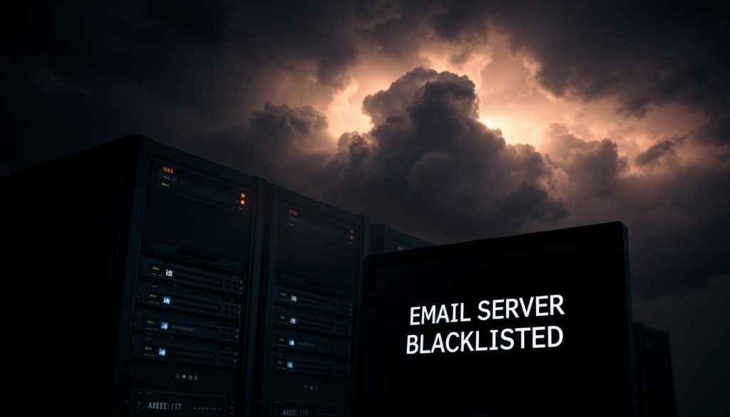 A dark and ominous cloud looms over a server rack, casting an eerie shadow across the scene. The server's status lights blink erratically, indicating a critical error. In the foreground, a desktop computer display shows a stern warning message: "Email Server Blacklisted". The atmosphere is tense, with a sense of urgency and concern permeating the environment. The lighting is moody, with a mix of warm and cool tones, creating a sense of unease. The composition is balanced, with the server rack and the computer display taking up the majority of the frame, emphasizing the gravity of the situation.