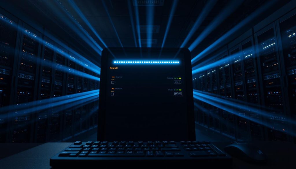 A dark server room with a powerful firewall system at the center. The firewall is a sleek, high-tech device adorned with glowing indicator lights and network ports. Rays of blue light emanate from the firewall, casting an ominous glow across the room. In the foreground, a keyboard and mouse sit ready for system administration. The background is filled with rows of server racks, their blinking lights and fans creating a hum of activity. The lighting is dramatic, with shadows and highlights accentuating the technical details. The overall atmosphere conveys a sense of importance and the need for robust security measures to protect the email server.