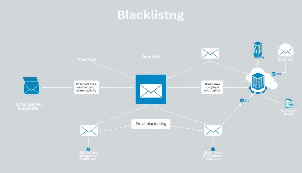 A detailed schematic diagram of an email server system, depicting various types of blacklisting. In the foreground, a central email server module is highlighted, surrounded by distinct blacklisting entities such as IP address blocklists, domain reputation databases, and spam trap networks. The middle ground features interconnected nodes representing email transmission pathways, with visual indicators denoting potential blacklisting triggers like high bounce rates, spam complaints, and suspicious activity. The background showcases a sophisticated network topology, with servers, routers, and cloud infrastructure elements, all set against a minimalist, technical backdrop with muted tones to emphasize the technical nature of the subject matter.