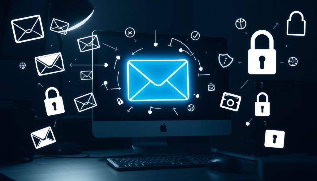 A dimly lit office workspace with a desktop computer, keyboard, and mouse. In the foreground, a large envelope icon hovers over the computer screen, surrounded by swirling digital encryption symbols and security locks. The middle ground features various email-related icons, such as envelope seals, digital padlocks, and data encryption algorithms. The background is a subtle, textured pattern that suggests the digital nature of the subject matter. The overall atmosphere is one of security, technology, and the importance of protecting sensitive email communications.