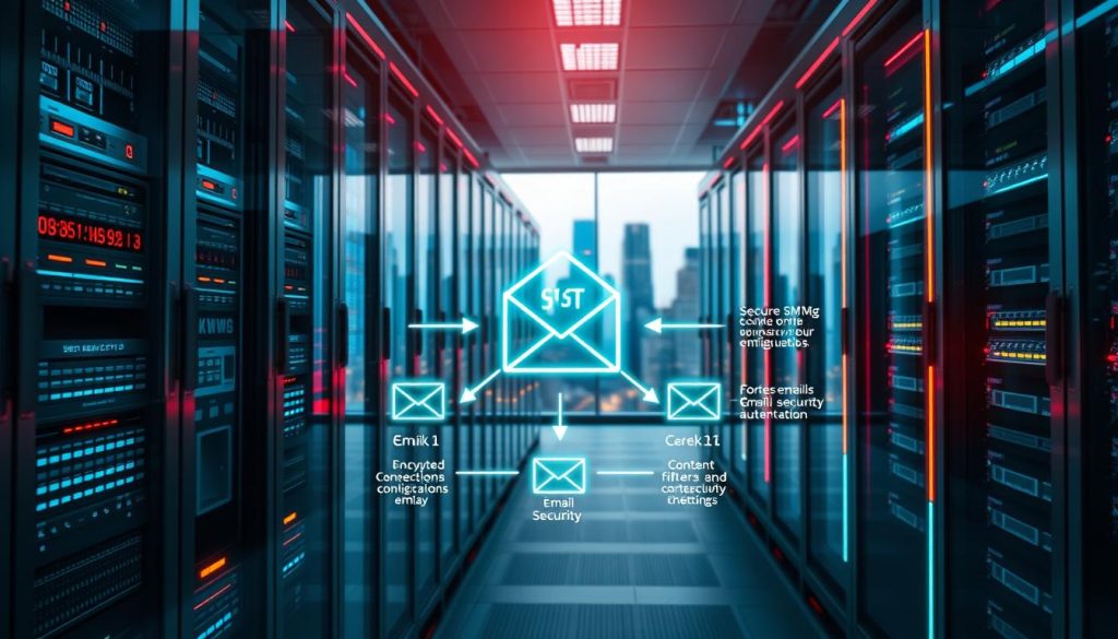 A futuristic data center with a gleaming glass facade, light reflecting off the sleek servers and networked devices. In the foreground, a security console displays intricate firewall settings, secure SMTP protocol configurations, and real-time threat monitoring. The middle ground features a stylized diagram of email security measures, including encrypted connections, content filtering, and advanced authentication. The background showcases the city skyline, conveying a sense of scale and the critical importance of secure communications in the modern digital landscape. Vibrant neon accents and a subtle glow from the equipment create an atmosphere of high-tech vigilance, underscoring the need for robust email security.