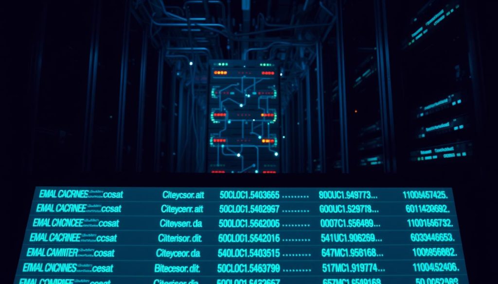 A high-contrast, ominous image of an email server's spam blacklist. In the foreground, rows of blocked email addresses and domain names glowing against a dark, foreboding interface. The screen is bathed in an eerie blue-green hue, suggesting the ominous nature of the blacklist. In the middle ground, a series of complex algorithms and security protocols depicted as a web of interconnected lines and symbols. In the background, a towering server rack with blinking indicator lights, casting long shadows across the scene. The overall mood is one of foreboding, highlighting the serious consequences of email server blacklisting and the importance of maintaining email deliverability.