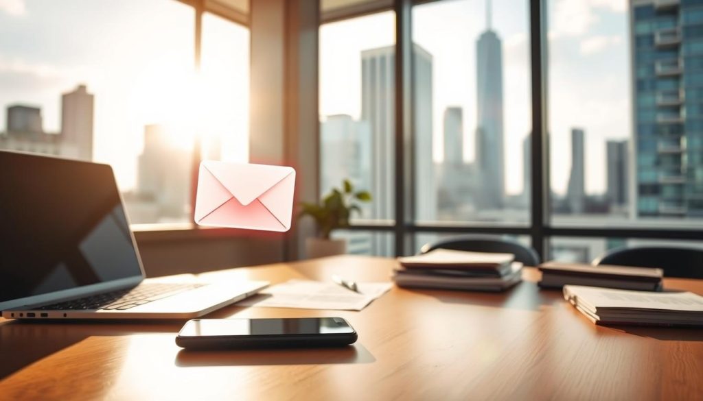A modern office desk with a laptop, smartphone, and a stack of documents. Sunlight streams through a window, casting a warm glow on the scene. In the foreground, a temporary email service icon hovers, its ephemeral nature symbolized by a fading, translucent appearance. The background features a cityscape with skyscrapers, hinting at the global scale of online communication. The overall atmosphere conveys the convenience and importance of temporary email services in the digital age.