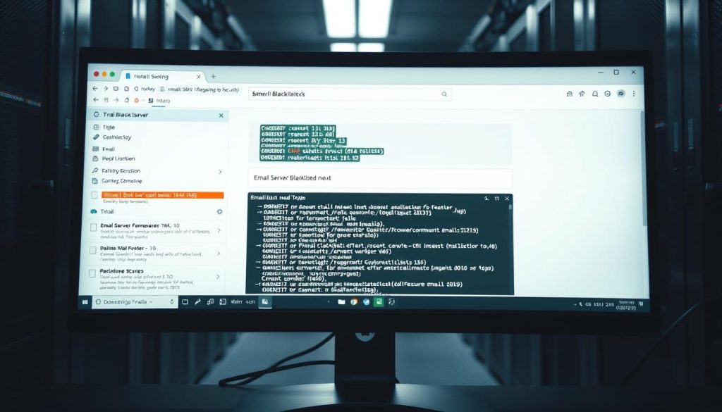 A professional-grade computer monitor displays a detailed web browser interface, showcasing a search for "email server blacklisted check". The screen exhibits a clean, minimalist design with muted colors and sharp contrast, creating a sense of technical professionalism. The foreground features an array of diagnostic tools and error messages, hinting at the complex task of verifying a server's blacklist status. The middle ground depicts a series of command-line prompts and configuration files, while the background subtly suggests a data center environment with racks of servers and cables. The overall mood is one of focused problem-solving, with a touch of technical sophistication.