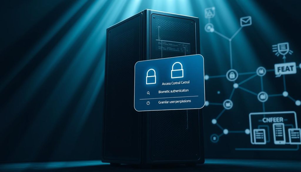 A secure email server stands guard, its sleek casing adorned with intricate cybersecurity symbols. Beams of soft, directional lighting cast long shadows, creating a sense of depth and solemnity. In the foreground, a virtual access control panel hovers, displaying biometric authentication options and granular user permissions. The background features a stylized network topology, with data packets flowing through secure channels, protected by firewalls and encryption. The overall mood is one of technological sophistication and unwavering vigilance, capturing the essence of essential email server security strategies.