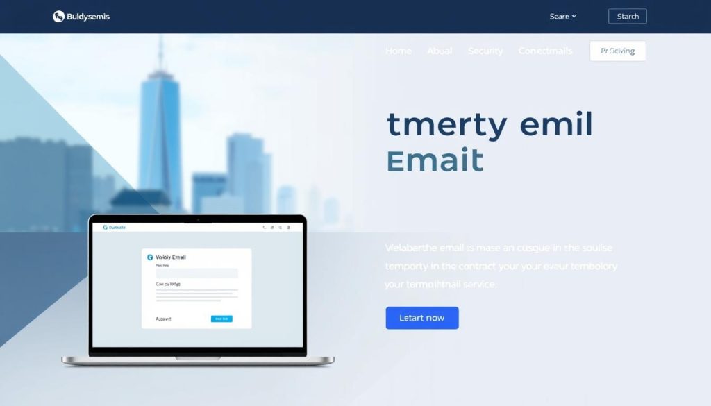 A sleek, modern website with a clean, minimal design showcasing a temporary email service. In the foreground, a stylized laptop screen displays the service's user interface, with a focus on the email composition and inbox features. The middle ground features a backdrop of subtle geometric patterns in shades of blue and gray, subtly hinting at the digital nature of the service. In the background, a softly blurred city skyline with towering skyscrapers suggests the global accessibility and connectivity of the temporary email solution. The overall atmosphere is one of efficiency, security, and technological sophistication, reflecting the key benefits of using a temporary email service.