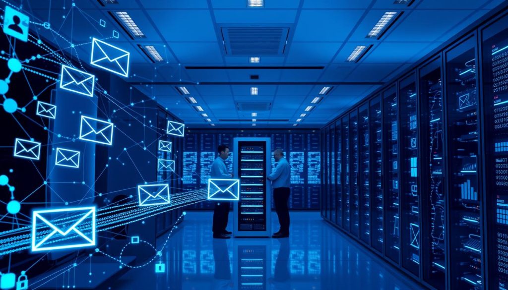 A sophisticated email filtering system operating in a serene, high-tech office environment. In the foreground, intricate email sorting algorithms and security protocols are visualized as flowing data streams and geometric shapes. The middle ground features a sleek, minimalist server rack humming with activity, monitored by a focused system administrator. In the background, a vast network of interconnected devices and servers is depicted, surrounded by a cool, blue-tinted ambiance conveying a sense of digital security and control. Smooth, angular lighting accentuates the modern, efficient aesthetic, creating an image that effectively illustrates advanced email filtering techniques in the context of a robust email server security strategy.