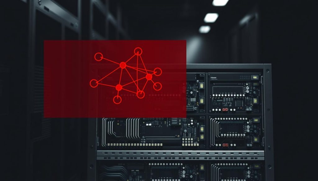 A stark, technical illustration of email server vulnerabilities. Crisp, architectural lines of a server rack in the foreground, with intricate circuitry and hardware exposed. Overlaying the server, a network diagram in shades of red and black, visualizing potential attack vectors and security weak points. The background blurs into a shadowy, ominous atmosphere, conveying the gravity of the subject matter. Dramatic, high-contrast lighting casts dramatic shadows, emphasizing the complexity and fragility of the system. Rendered in a muted, industrial color palette to reinforce the serious, analytical nature of the image.
