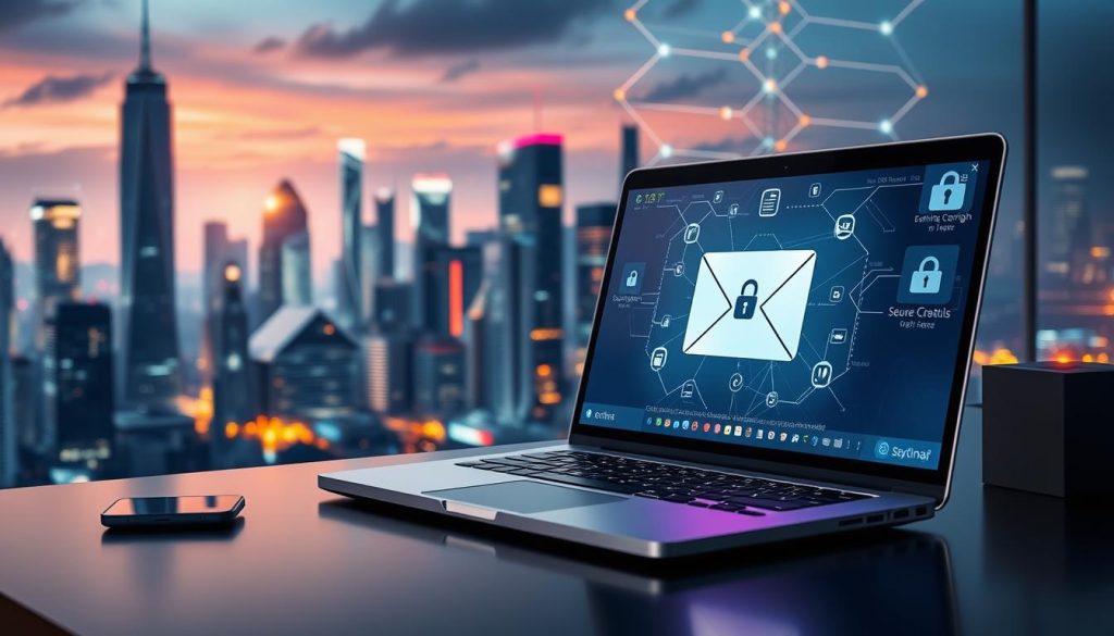 A well-lit desktop with a laptop and smartphone, symbolizing the modern digital communication landscape. The laptop's screen displays a secure email interface, with encryption icons and security indicators. In the background, a dynamic, futuristic cityscape with towering skyscrapers and glowing data networks, reflecting the technological advancements that enable secure email communication. The overall scene conveys a sense of professionalism, security, and the importance of traditional email accounts in the digital age.