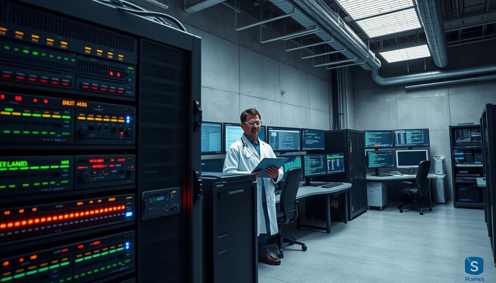 A well-lit, high-angle view of a secure, modern email server room. In the foreground, a network rack with blinking LED panels and cooling fans, surrounded by various security devices like firewalls, intrusion detection systems, and access control panels. In the middle ground, a technician in a lab coat and safety goggles, closely monitoring a bank of monitors displaying network traffic and security alerts. The background features a minimalist, industrial-style architecture with concrete walls and exposed ventilation ducts, conveying a sense of technological sophistication and data protection. The overall scene evokes a careful balance of functionality, visibility, and vigilance required for robust email server security.